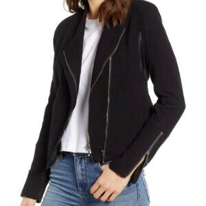 Blank NYC Denim Moto Jacket Sheer Panels in Black. Medium.